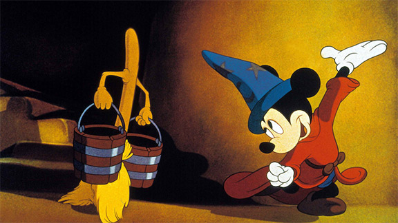 Mickey and the enchanted broomsticks in Walt Disney’s iconic “Fantasia.”